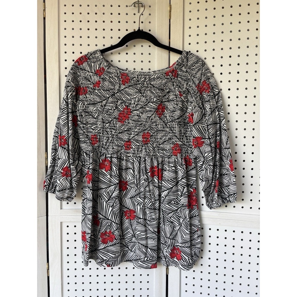 J Jill Seersucker Tunic 3/4 SLV Black White Red Floral Boatneck Women's Small